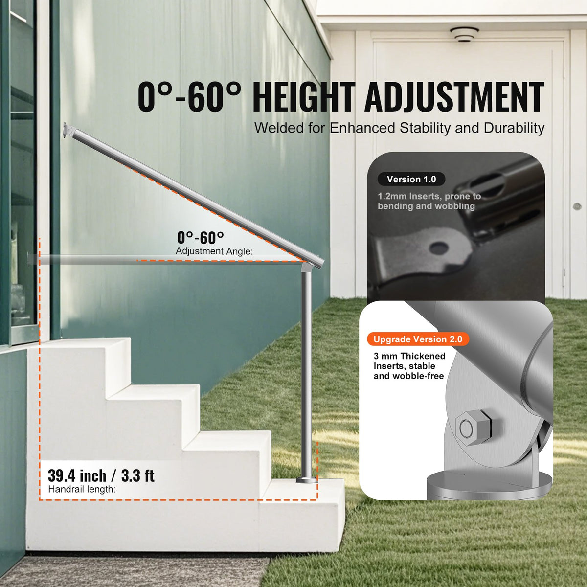 VEVOR Handrails for Outdoor Steps, 39.4in / 100cm Deck Railing Kit Wall Floor Mounted, Railings for Outside Steps with Installation Kit, Hand Rails for Seniors,Porch Railing & Deck Rail Kit, Silver