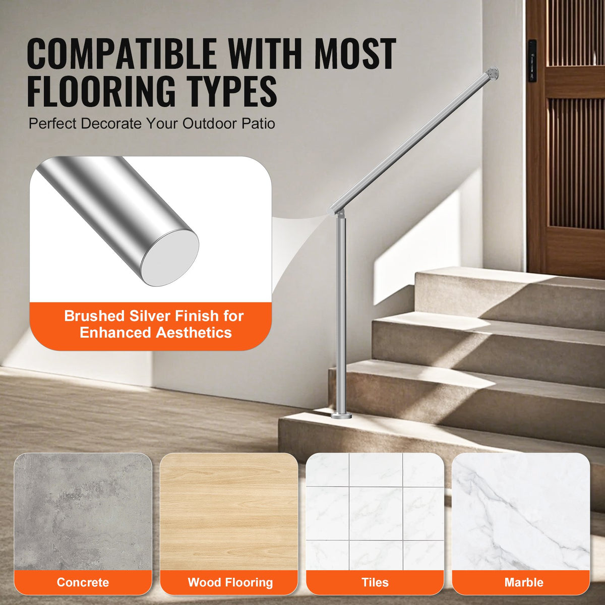 VEVOR Handrails for Outdoor Steps, 39.4in / 100cm Deck Railing Kit Wall Floor Mounted, Railings for Outside Steps with Installation Kit, Hand Rails for Seniors,Porch Railing & Deck Rail Kit, Silver