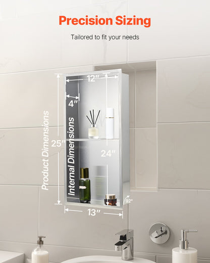 Shower Niche, 33.0 x 63.5 x 10.2 cm Recessed Wall Niche Double-layer, with Hollowed-out Divider, Heavy-duty Stainless Steel Modern Shampoo Storage Organizer, Waterproof, Silver for Bathroom