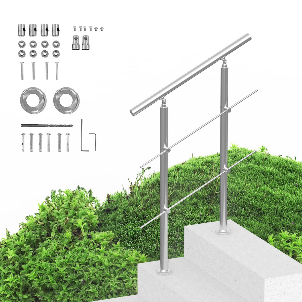 VEVOR Handrails for Outdoor Steps, 31.5in Length 2 Crossbars Stair Hand Rail Kit, Transitional Stainless Steel Railings w/ Installation Kit, Double-column Staircase Handrails for Seniors,Porch & Deck