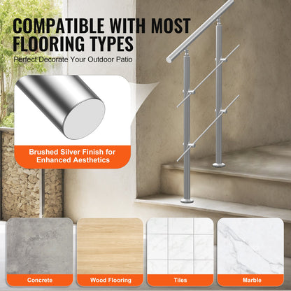 VEVOR Handrails for Outdoor Steps, 31.5in Length 2 Crossbars Stair Hand Rail Kit, Transitional Stainless Steel Railings w/ Installation Kit, Double-column Staircase Handrails for Seniors,Porch & Deck