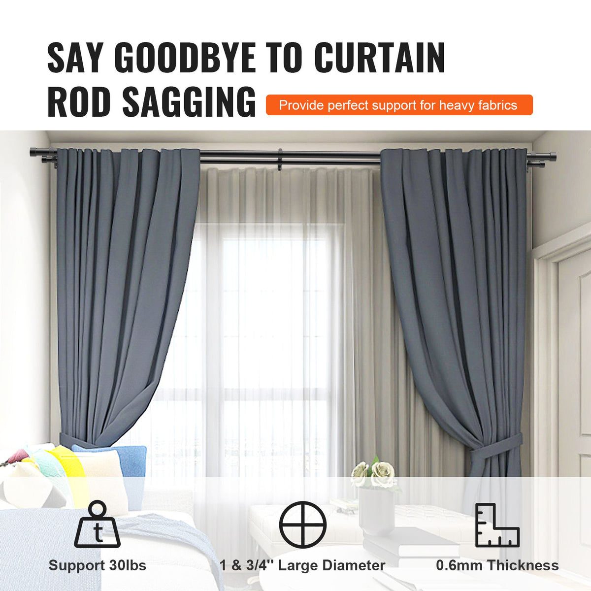 Double Rod Curtain Rods, 36-72 inches(3-6ft) Adjustable Length, Black Double Curtain Rods with Cap Finials, 1" and 3/4" Diameter, Double Window Drapery Rod for Sheer and Blackout Curtains