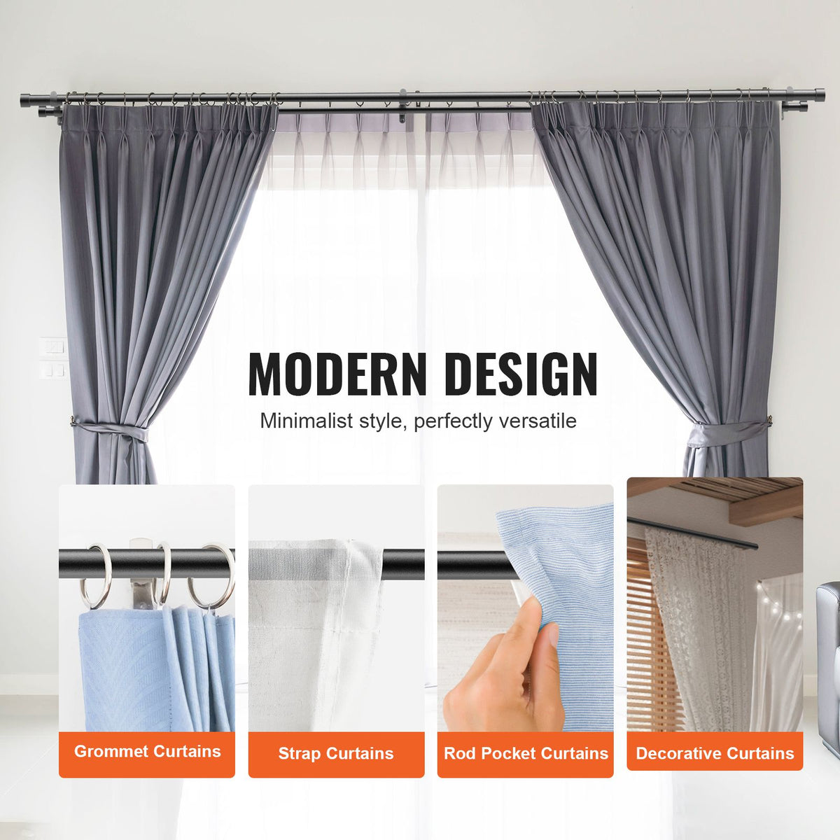 Double Rod Curtain Rods, 36-72 inches(3-6ft) Adjustable Length, Black Double Curtain Rods with Cap Finials, 1" and 3/4" Diameter, Double Window Drapery Rod for Sheer and Blackout Curtains