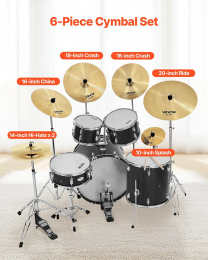 Cymbal Pack, 6 Pieces Cymbals for Drum Set, Alloy Cymbals Drum Set Includes 35.5 cm Hi-Hats, 40 cm Crash, 45.5 cm Crash, 50.5 cm Ride, 25.4 cm Splash, 40 cm China, Drumsticks & Cymbal Bag