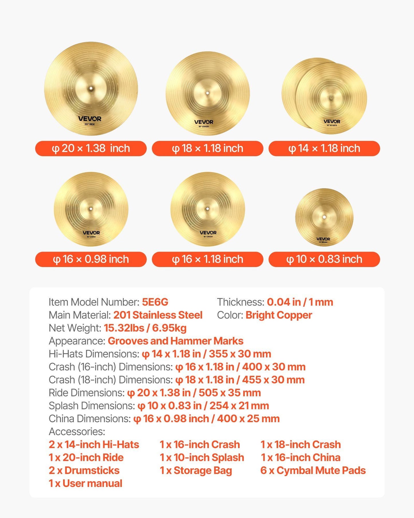 Cymbal Pack, 6 Pieces Cymbals for Drum Set, Alloy Cymbals Drum Set Includes 35.5 cm Hi-Hats, 40 cm Crash, 45.5 cm Crash, 50.5 cm Ride, 25.4 cm Splash, 40 cm China, Drumsticks & Cymbal Bag