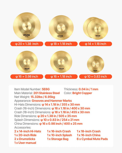 Cymbal Pack, 6 Pieces Cymbals for Drum Set, Alloy Cymbals Drum Set Includes 35.5 cm Hi-Hats, 40 cm Crash, 45.5 cm Crash, 50.5 cm Ride, 25.4 cm Splash, 40 cm China, Drumsticks & Cymbal Bag