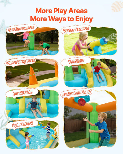 Inflatable Bounce House, 3.82 x 3.98 x 1.97 m Inflatable Bounce House Water Slide, Bouncer Castle with Castle Bounces, Basketball Hoop, Splash Pool & Water Ring Toss, for 3 to 4 Kids Ages 3 to 8