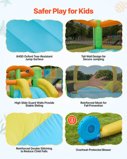 Inflatable Bounce House, 3.82 x 3.98 x 1.97 m Inflatable Bounce House Water Slide, Bouncer Castle with Castle Bounces, Basketball Hoop, Splash Pool & Water Ring Toss, for 3 to 4 Kids Ages 3 to 8