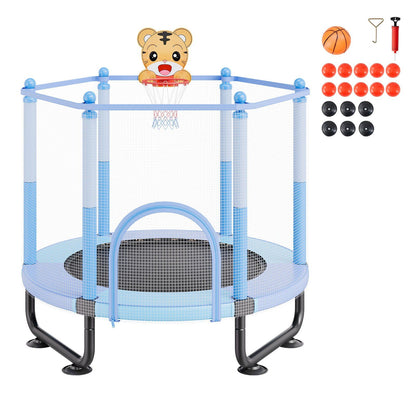 60" Kids Trampoline, 5FT Indoor Outdoor Trampoline, Mini Toddler Recreational Trampolinewith Safety Enclosure Net and Basketball Hoop, Birthday Gifts Christmas Toys for 3+ Years Children, Blue