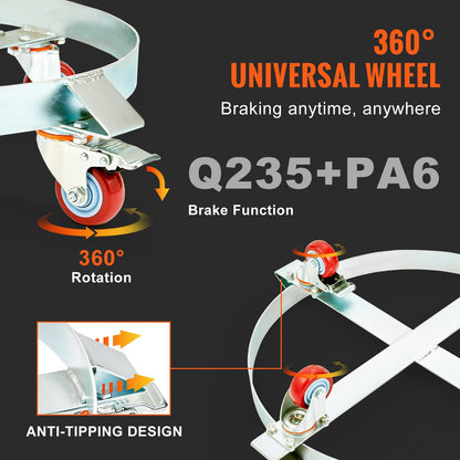 2PCS 250 L Heavy Duty Drum Dolly, 454 kg Load Capacity, Barrel Dolly Cart Drum Caddy, Non Tipping Hand Truck Capacity Dollies with Steel Frame 4 Swivel Casters Wheel, for Drum Handling