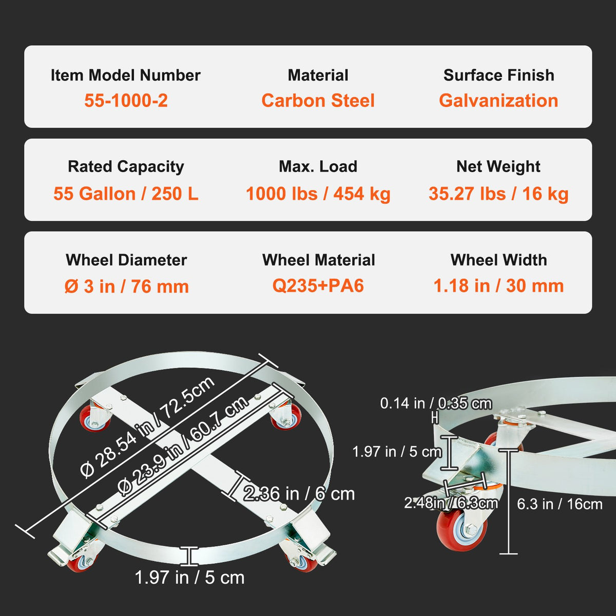 2PCS 250 L Heavy Duty Drum Dolly, 454 kg Load Capacity, Barrel Dolly Cart Drum Caddy, Non Tipping Hand Truck Capacity Dollies with Steel Frame 4 Swivel Casters Wheel, for Drum Handling
