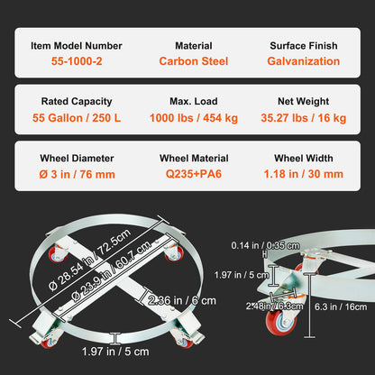 2PCS 250 L Heavy Duty Drum Dolly, 454 kg Load Capacity, Barrel Dolly Cart Drum Caddy, Non Tipping Hand Truck Capacity Dollies with Steel Frame 4 Swivel Casters Wheel, for Drum Handling