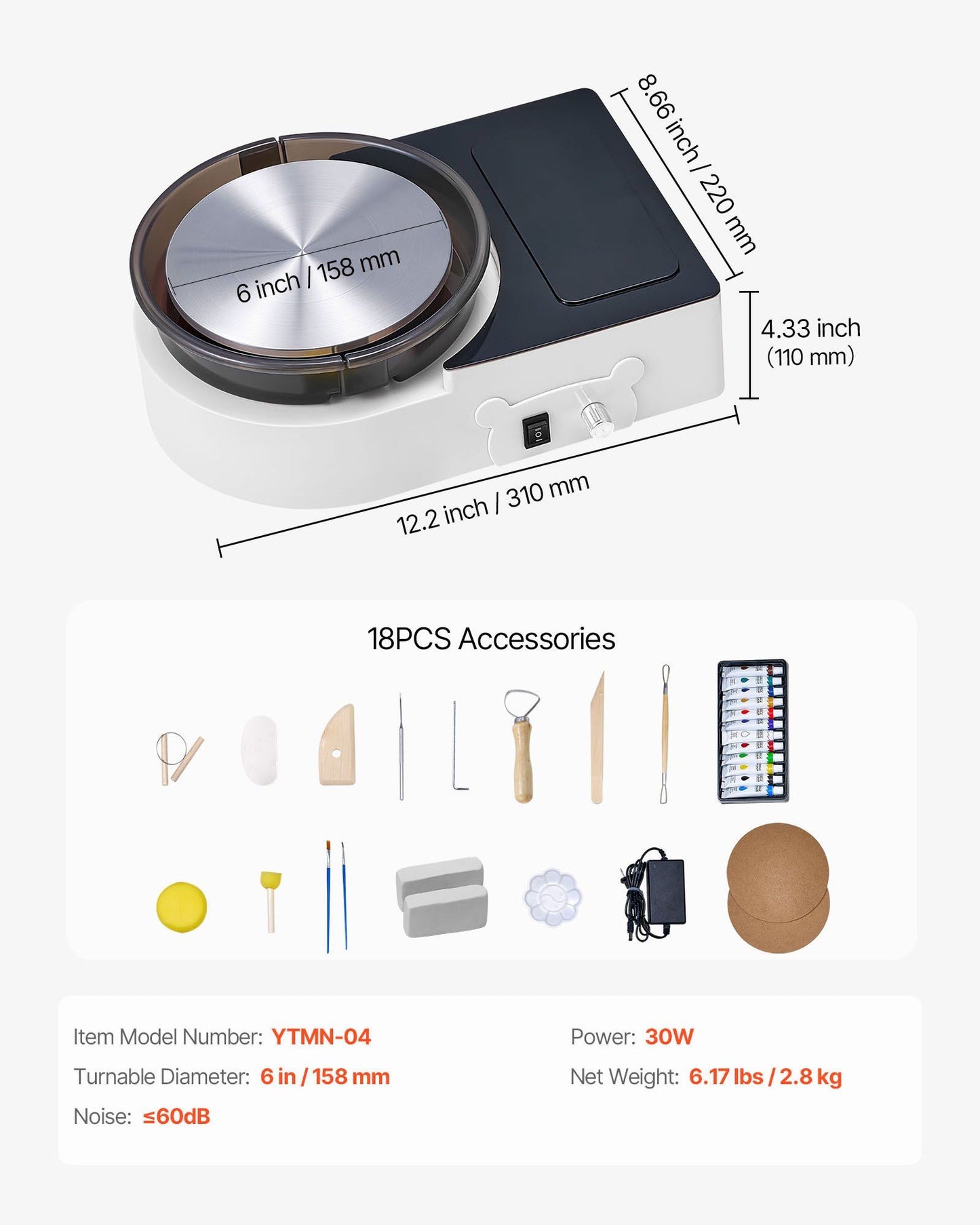 Mini Pottery Wheel, 158 mm Turntable, Forward and Reverse Rotation, Adjustable Speed, Electric Clay Wheel for Kids and Adults, with Clay Shaping Tools, for Home DIY, Pottery Classes, White