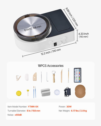Mini Pottery Wheel, 158 mm Turntable, Forward and Reverse Rotation, Adjustable Speed, Electric Clay Wheel for Kids and Adults, with Clay Shaping Tools, for Home DIY, Pottery Classes, White