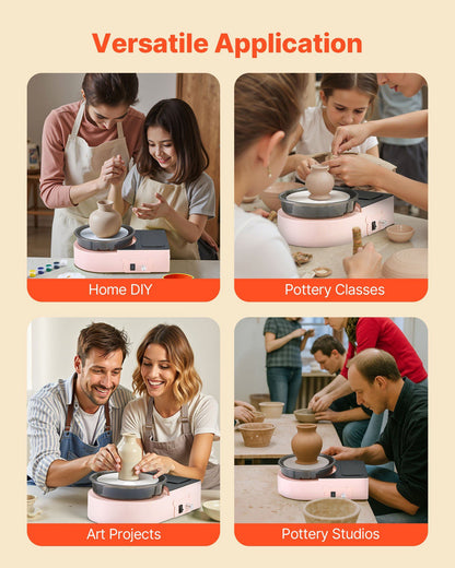 Mini Pottery Wheel, 158 mm Turntable, Forward and Reverse Rotation, Adjustable Speed, Electric Clay Wheel for Kids and Adults, with Clay Shaping Tools, for Home DIY, Pottery Classes, Pink