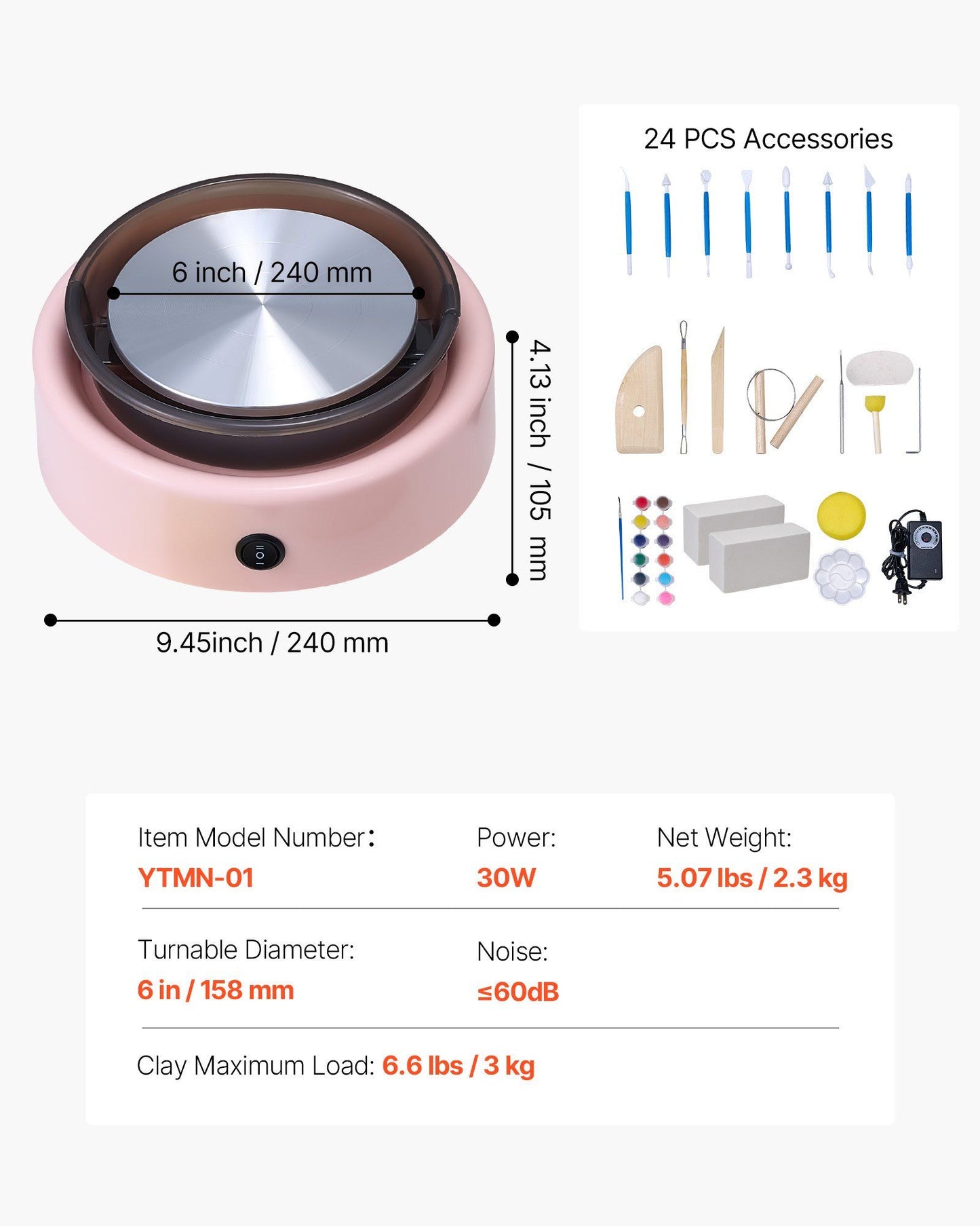 Mini Pottery Wheel, 158 mm Turntable, Forward and Reverse Rotation, Adjustable Speed, Electric Clay Wheel for Kids and Beginners, with Shaping Tools, for Home DIY, Pottery Classes, Pink