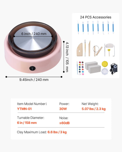 Mini Pottery Wheel, 158 mm Turntable, Forward and Reverse Rotation, Adjustable Speed, Electric Clay Wheel for Kids and Beginners, with Shaping Tools, for Home DIY, Pottery Classes, Pink