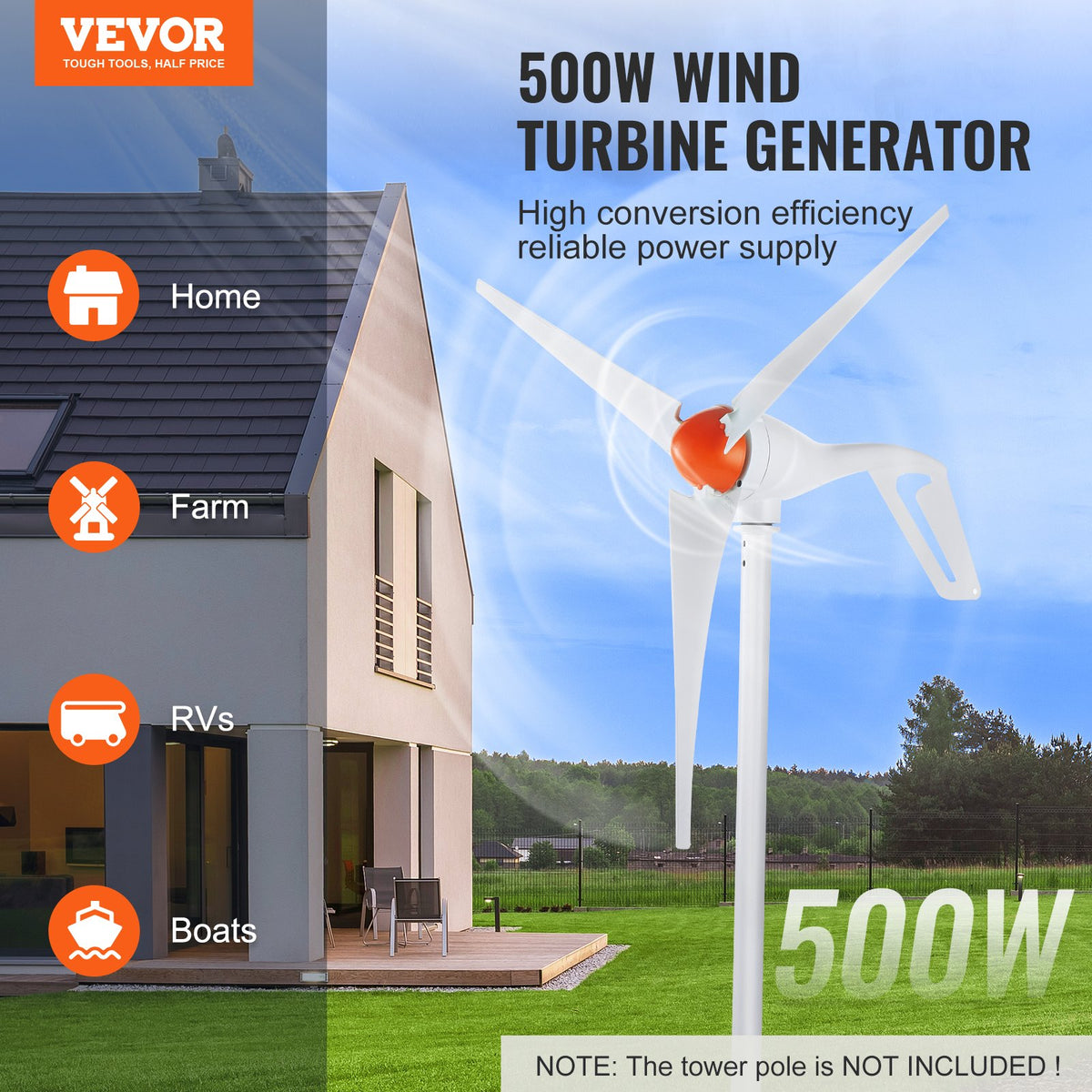 VEVOR 500W Wind Turbine Generator, 12V Wind Turbine Kit, 3-Blade Wind Power Generator with Anemometer, MPPT Controller & Adjustable Windward Direction, Suitable for Home, Farm, RVs, Boats