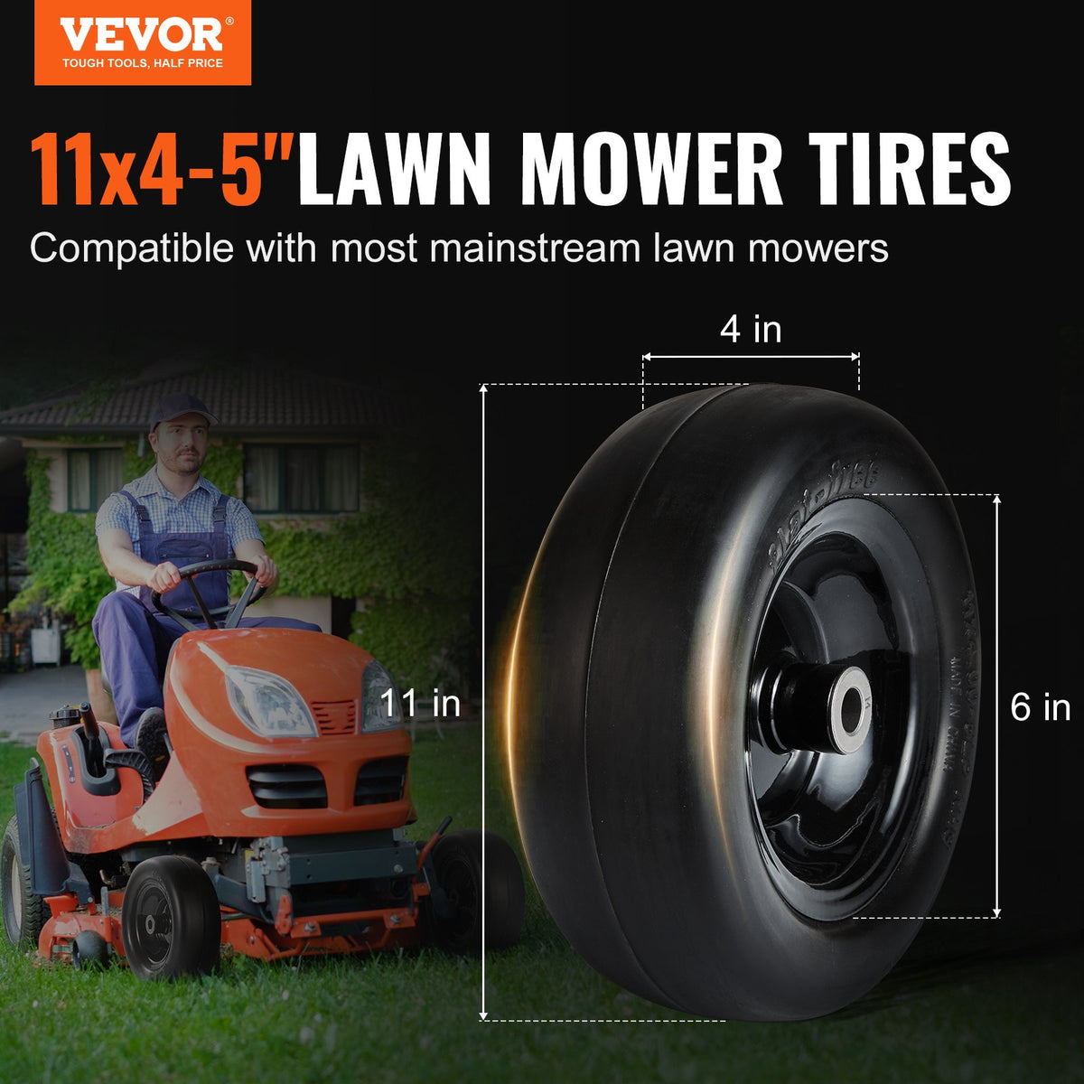 VEVOR Lawn Mower Tires with Rim, 11x4-7" Tubeless Tractor Tires, 2-Pack Tire and Wheel Assemby, Flat-free PU Tire, 3.4" Centered Hub, 3/4" Bushing Size, 20 PCS Adapters for Riding Mowers Lawn Tractors