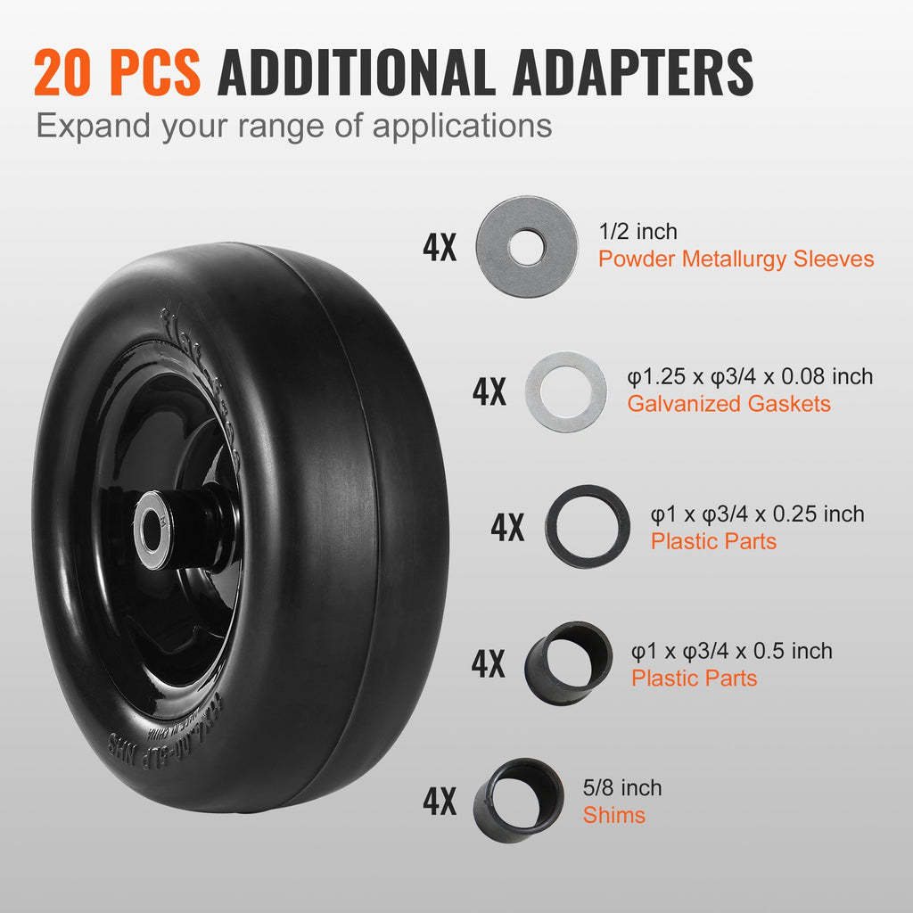VEVOR Lawn Mower Tires with Rim, 11x4-7" Tubeless Tractor Tires, 2-Pack Tire and Wheel Assemby, Flat-free PU Tire, 3.4" Centered Hub, 3/4" Bushing Size, 20 PCS Adapters for Riding Mowers Lawn Tractors