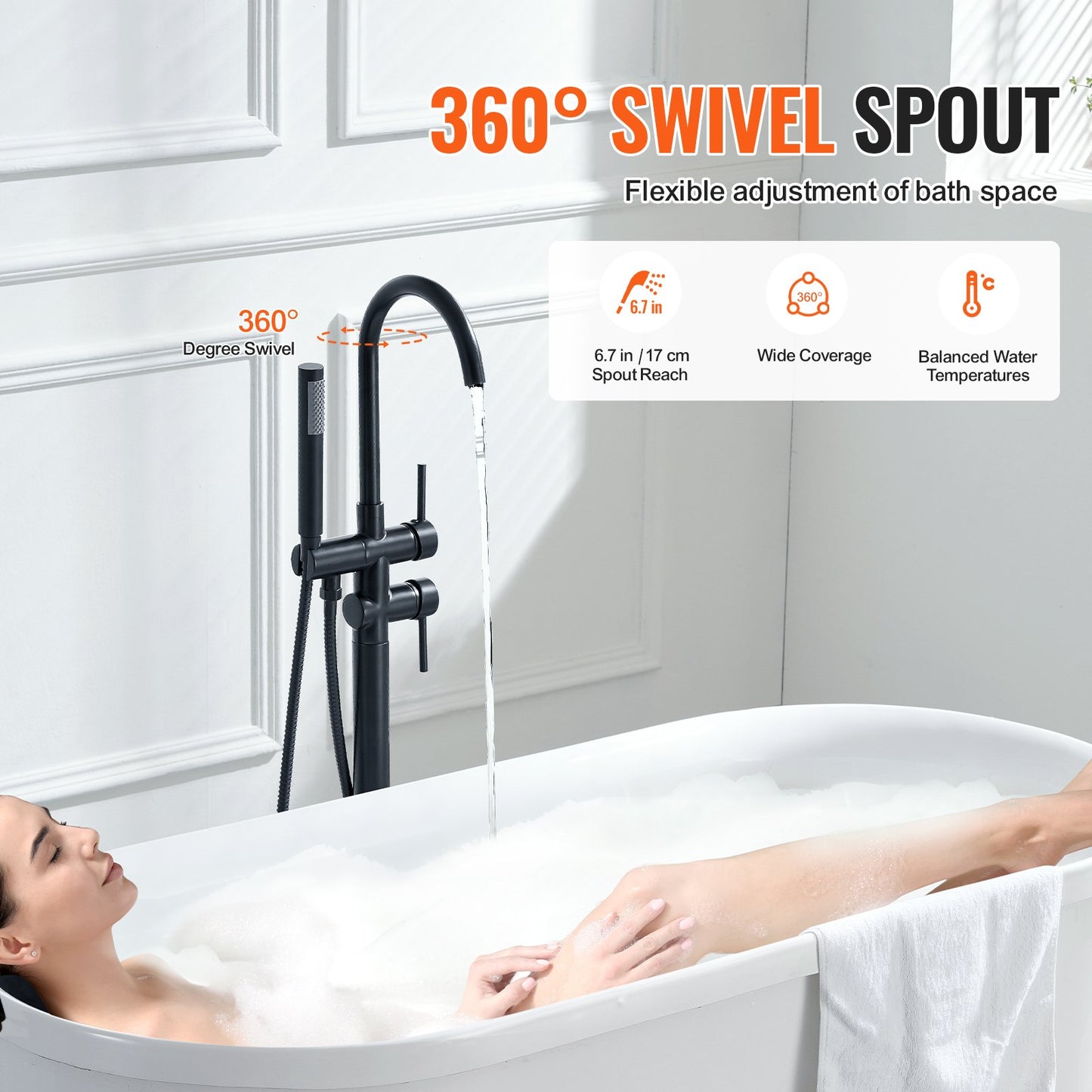 Freestanding Bathtub Faucet, Floor Mount, Freestanding Tub Filler, Shower Mixer Taps, Two Water Modes, 360° Swivel Spout, for Bathing & Showering Pet Bathing Cleaning Drains Toilet Flushing