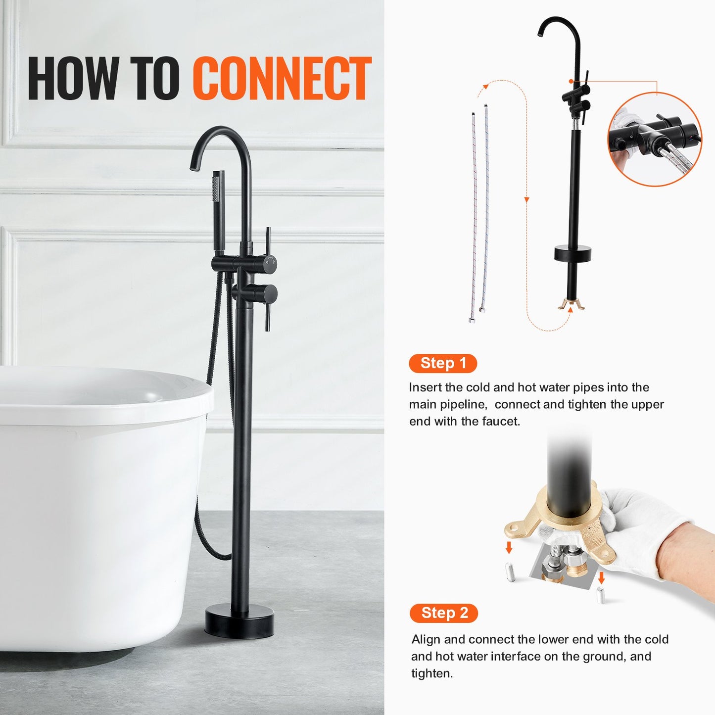 Freestanding Bathtub Faucet, Floor Mount, Freestanding Tub Filler, Shower Mixer Taps, Two Water Modes, 360° Swivel Spout, for Bathing & Showering Pet Bathing Cleaning Drains Toilet Flushing