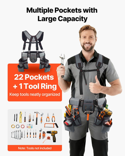 Tool Belt, 22 Pockets Tool Pouch with Suspenders for Men, Heavy Duty Adjustable Utility Belt Bag Suspenders for Electrician, Carpenter, Construction, Work Apron Organizer Waist Adjust 81-173 cm