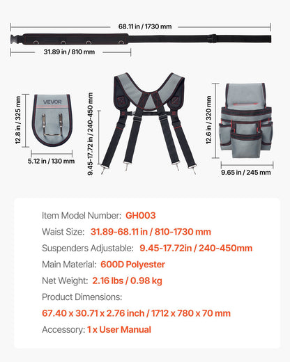 Tool Belt, 22 Pockets Tool Pouch with Suspenders for Men, Heavy Duty Adjustable Utility Belt Bag Suspenders for Electrician, Carpenter, Construction, Work Apron Organizer Waist Adjust 81-173 cm