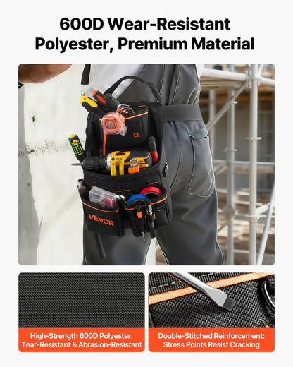 Tool Pouch with Belt, 14 Pockets Professional Tool Belt Pouch for Men, Heavy Duty Detachable Adjustable Utility Work Bag for Electrician, Carpenter, Construction, Adjusts Waist 83 cm to 127 cm
