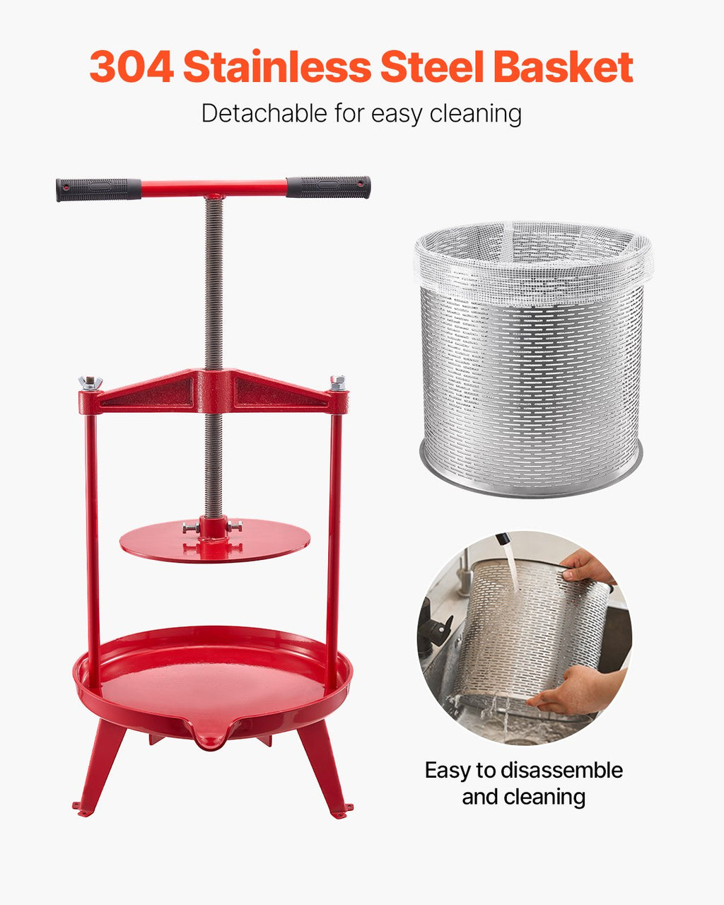 VEVOR 3.69 Gal/14L Fruit Wine Press, Stainless Steel Basket with Cross-beam and Triangular Structure, Manual Juice Maker, Cider Apple Grape Tincture Making Press with T-Handle for Kitchen Home