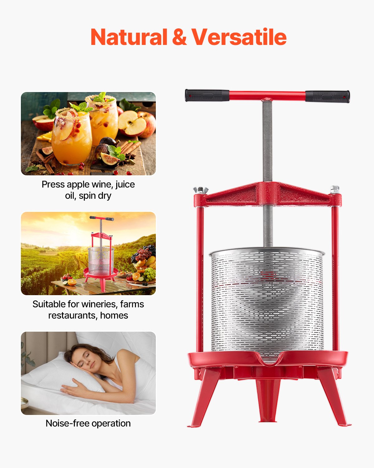 VEVOR 3.69 Gal/14L Fruit Wine Press, Stainless Steel Basket with Cross-beam and Triangular Structure, Manual Juice Maker, Cider Apple Grape Tincture Making Press with T-Handle for Kitchen Home