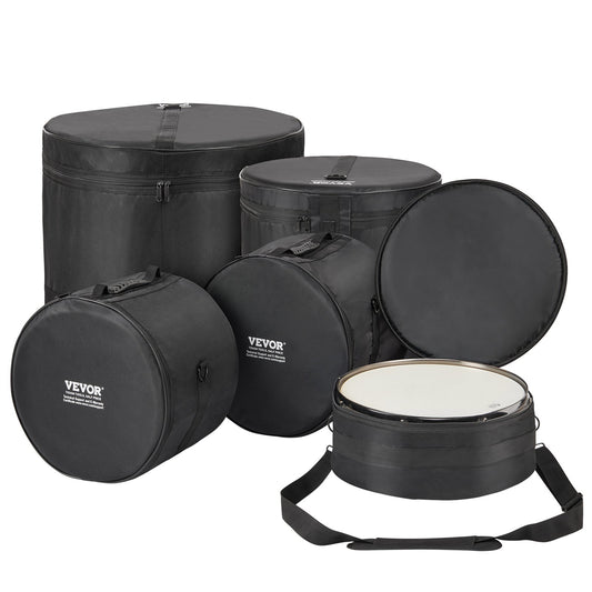 VEVOR 5-Piece Drum Bag Set, 1680D Oxford Fabric, Padded Drum Bags and Cases with 4.92 ft Detachable Shoulder Strap Carry Handles Foldable Design, for 55cm Kick 30cm Tom 33cm Tom 40cm Tom 35cm Snare