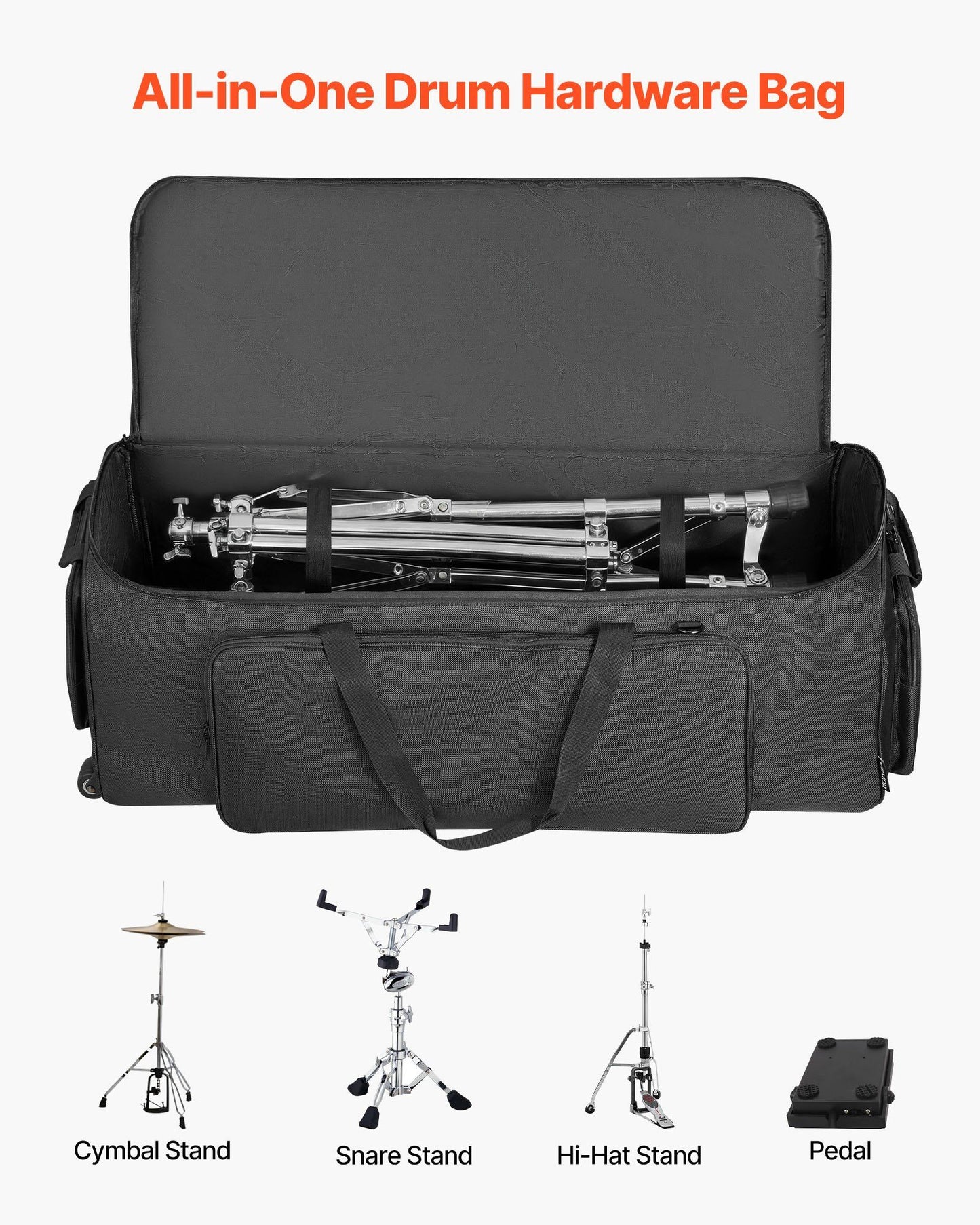 Drum Hardware Bag with Wheels, 1680D, Drum Set Equipment Carry Bag, Carrying Case with Sturdy Handle, Durable Zipper, Smooth PVC Wheels, Multiple Pockets, for Hardware and Stand Accessory, Black