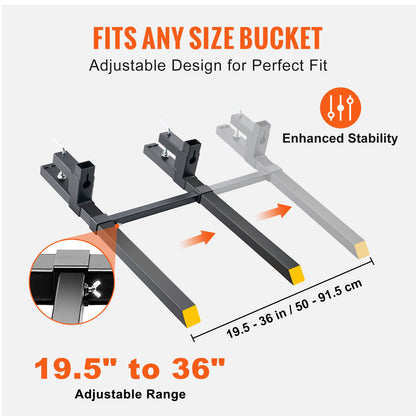Pallet Forks, 907 kg Clamp on Pallet Forks, 1090 mm Total Length Tractor Bucket Forks with Adjustable Stabilizer bar, Heavy Duty Pallet Forks for Tractor Attachments, Skid Steer, Loader Bucket