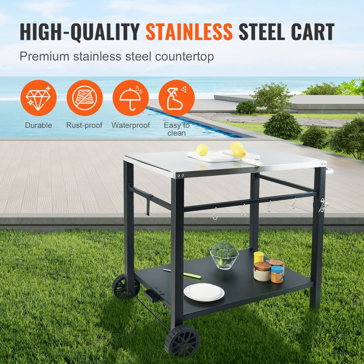 VEVOR Outdoor Grill Dining Cart with Double-Shelf, 85*55cm BBQ Movable Food Prep Table, Multifunctional Stainless Steel Table Top, Portable Modular Carts for Pizza Oven, Worktable with 2 Wheels, Carry Handle