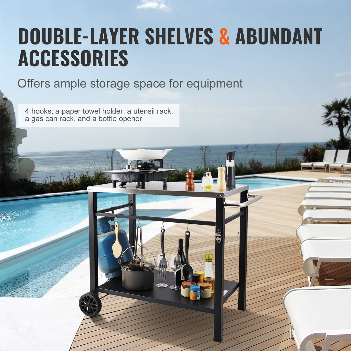 VEVOR Outdoor Grill Dining Cart with Double-Shelf, 85*55cm BBQ Movable Food Prep Table, Multifunctional Stainless Steel Table Top, Portable Modular Carts for Pizza Oven, Worktable with 2 Wheels, Carry Handle