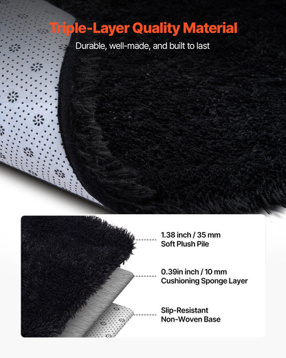 Indoor Plush Area Rugs, 2.44 x 3.05m Soft Plush Carpet, Furry Shag Area Rugs for Living Room, Bedroom, Sunroom, Modern Home Decor Aesthetic, Non-Shedding, Non-Woven, Slip-Resistant, Black