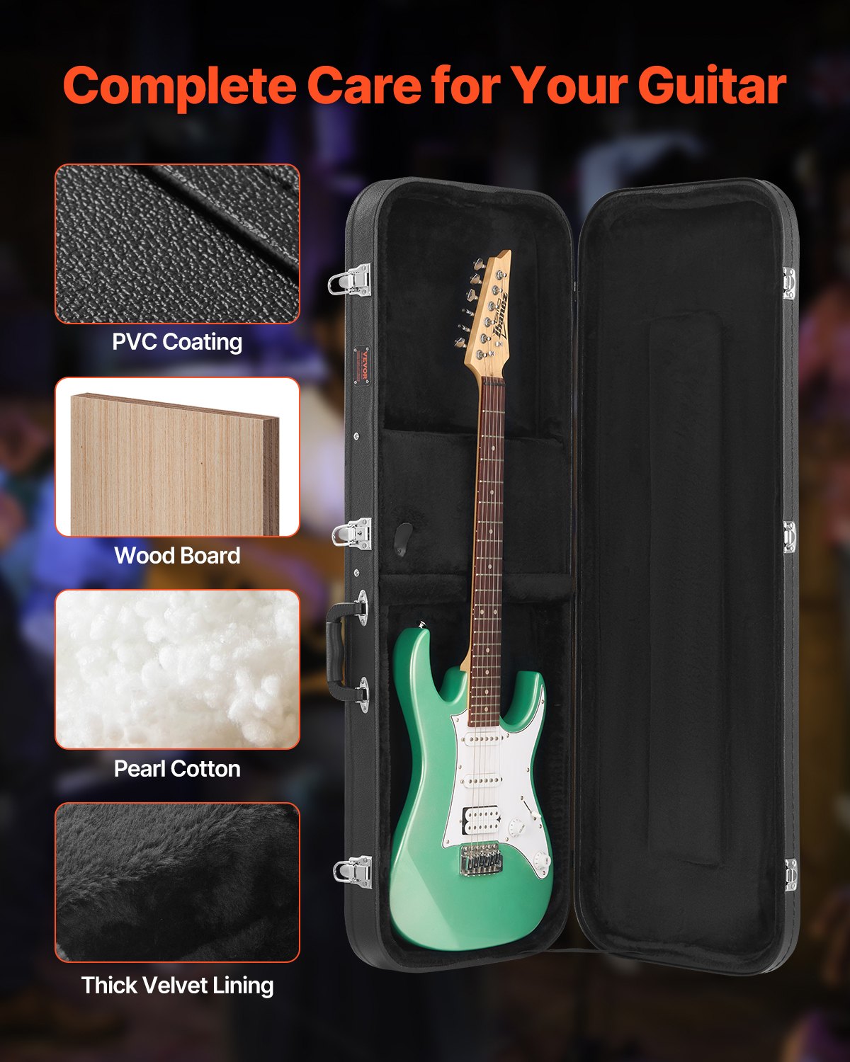 VEVOR Electric Guitar Hard Case, 1095 mm Rectangular Guitar Hard Case, With Lock Latch Keys Handle, PVC Padding Soft Lining Water-Resistant Hard Shell Guitar Cases, for 990 mm Electric Guitars, Black