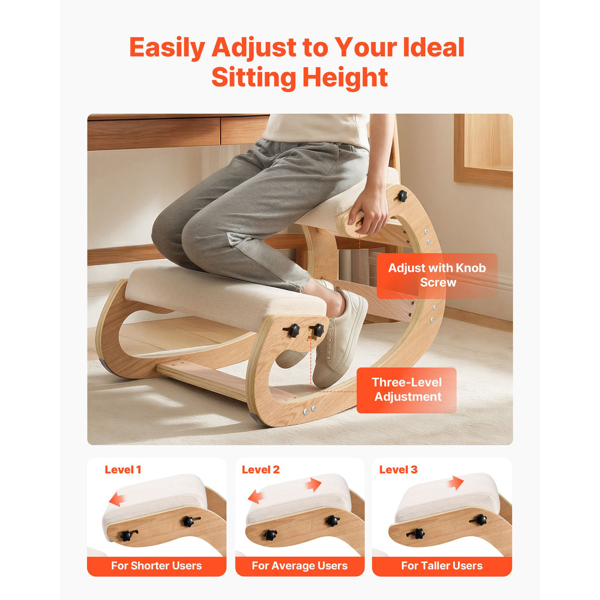 Ergonomic Kneeling Chair, Wooden Posture Knee Chair with Adjustable Thick Foam Cushions & Solid Wood Frame, Adjustable Height, Relief for Neck or Back Pain for Home, Office or Meditation, Beige