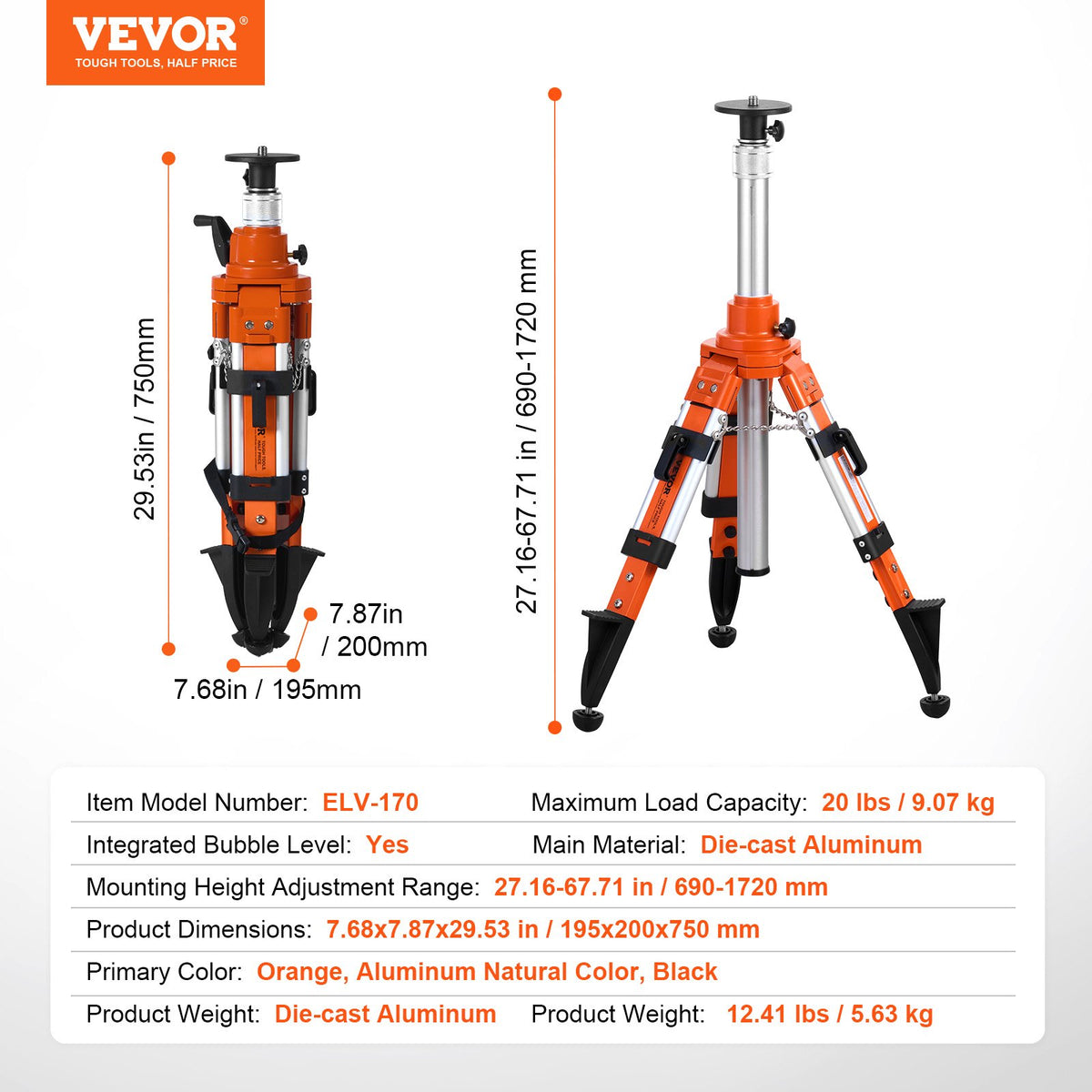 Laser Level Tripod Stand 5/8"-11 Thread 27.16-67.71 in Height Adjustment