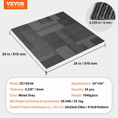 Carpet Tiles Reusable, 24"x 24"Carpet Squares With Padding Attached, Soft Padded Carpet Tiles, Easy Install DIY for Bedroom Living Room (24Tiles, Mixed Gray)
