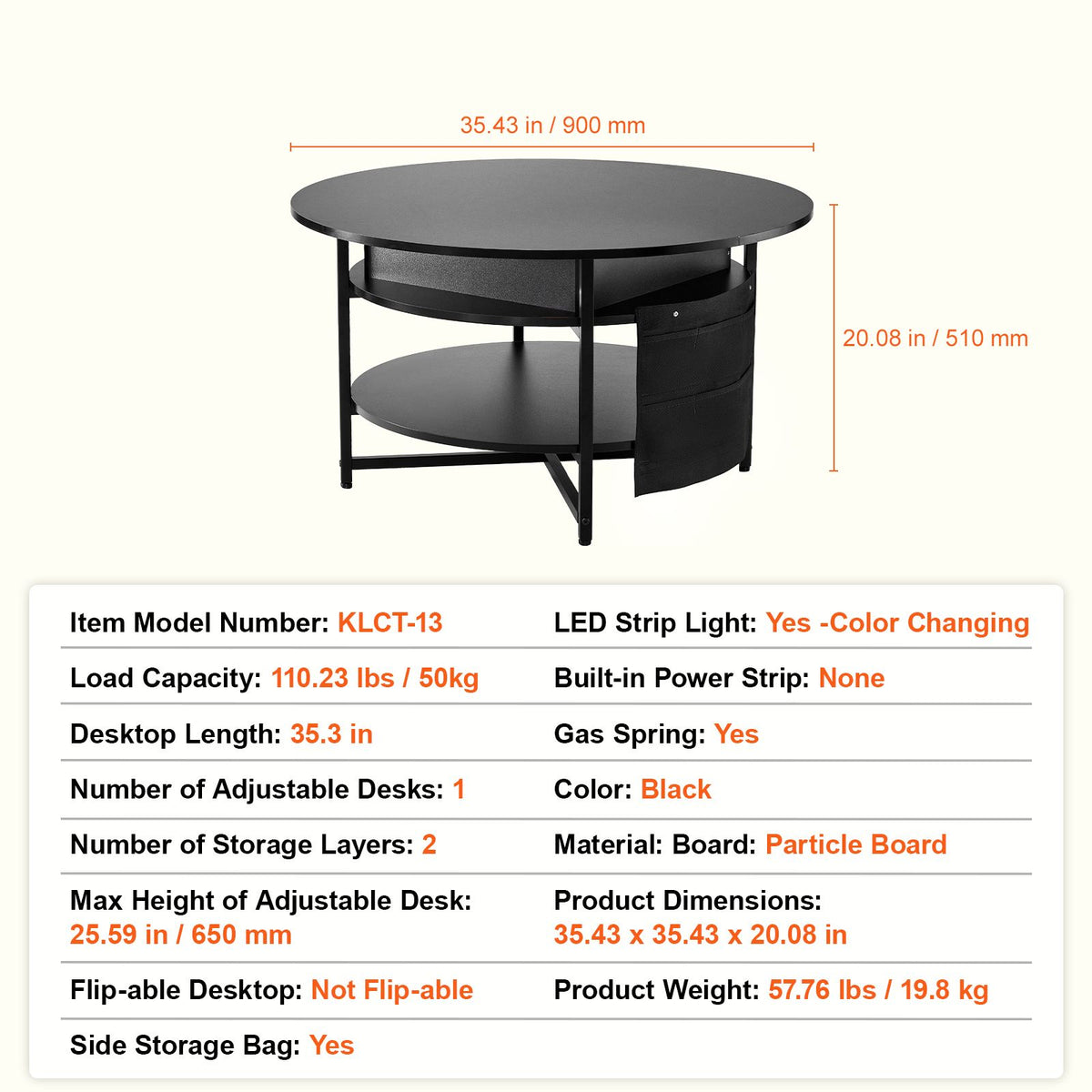 Lift Top Coffee Table 35.3" Round Coffee Table for Living Room Black