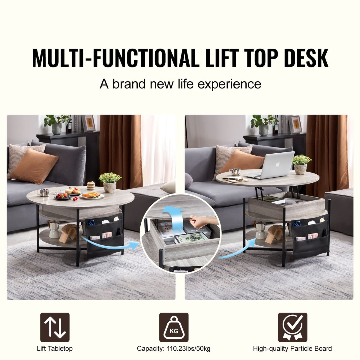Lift Top Coffee Table 35.3" Round Coffee Table for Living Room White