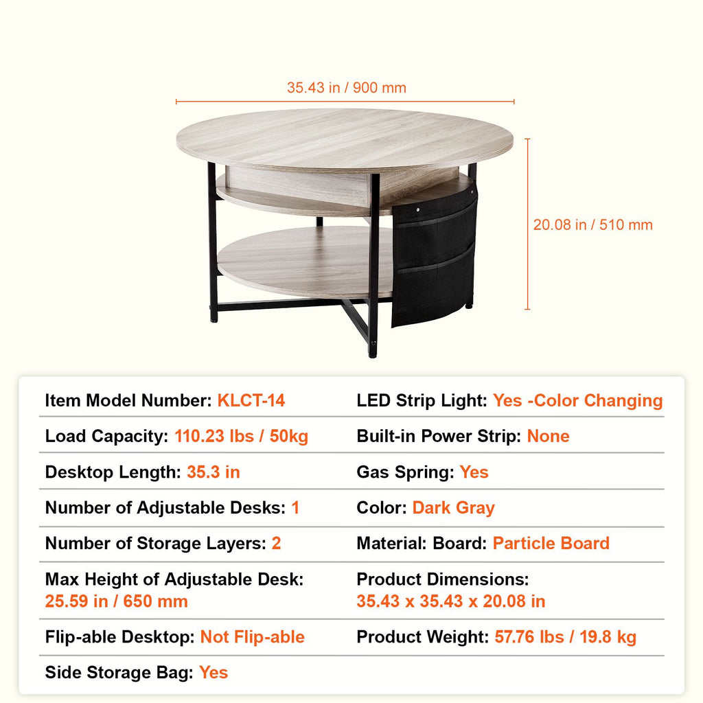 Lift Top Coffee Table 35.3" Round Coffee Table for Living Room White