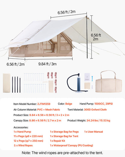 VEVOR Inflatable Tents for Camping, 3-5 Person Easy Setup Blow up Tent with Hand Pump, 300D Oxford 4 Season Glamping Tent with Canopy, Stove Jack, 2 Doors & 2 Mesh Windows (Storage Bag Included)