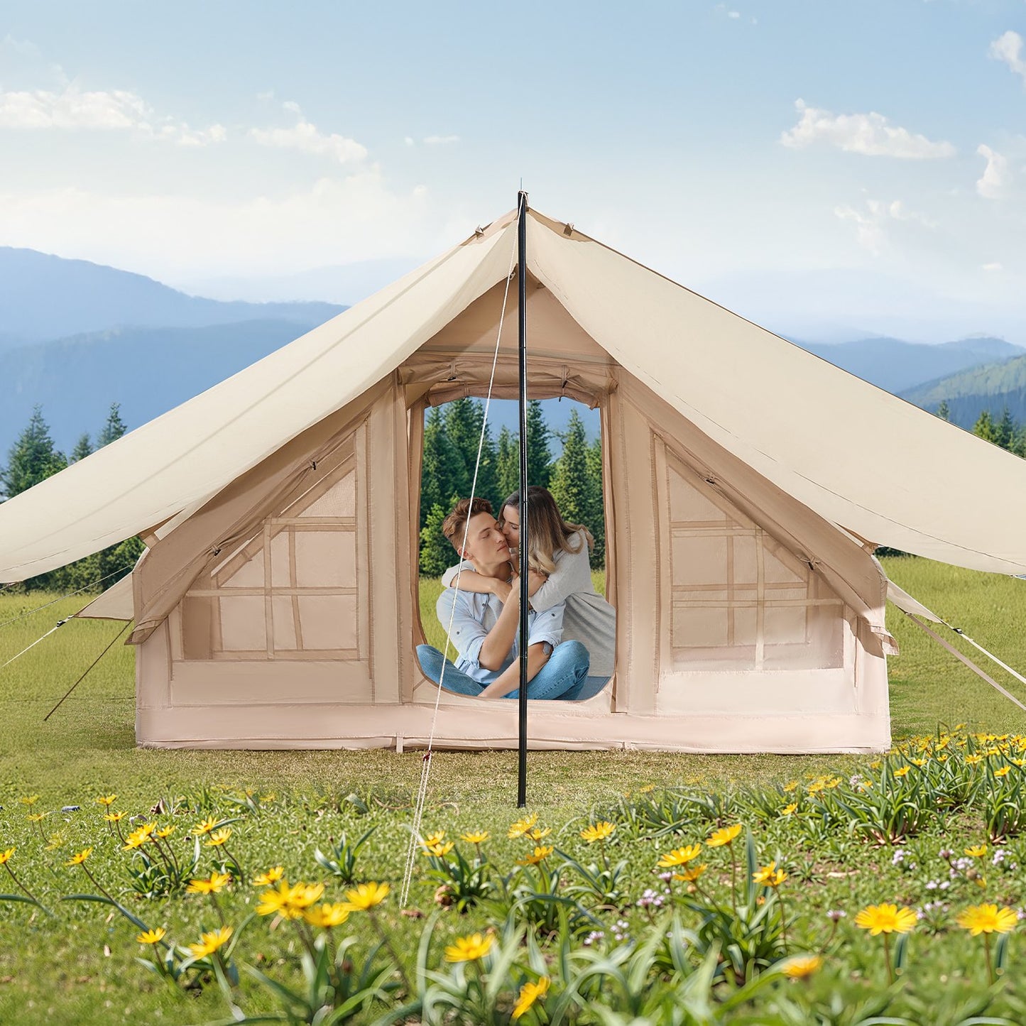VEVOR Inflatable Tents for Camping, 3-5 Person Easy Setup Blow up Tent with Hand Pump, 300D Oxford 4 Season Glamping Tent with Canopy, Stove Jack, 2 Doors & 2 Mesh Windows (Storage Bag Included)