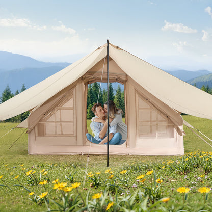 VEVOR Inflatable Tents for Camping, 3-5 Person Easy Setup Blow up Tent with Hand Pump, 300D Oxford 4 Season Glamping Tent with Canopy, Stove Jack, 2 Doors & 2 Mesh Windows (Storage Bag Included)