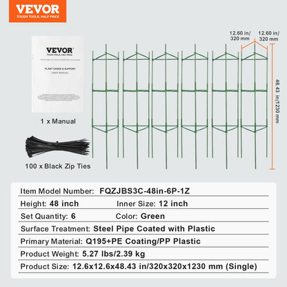 VEVOR 6 Packs Tomato Cages for Garden, 1230 mm Tomato Trellis Plant Stakes Support, Stackable Tall Plant Support Cage, for Raised Garden Bed, Vegetables Flowers and Climbing Plants