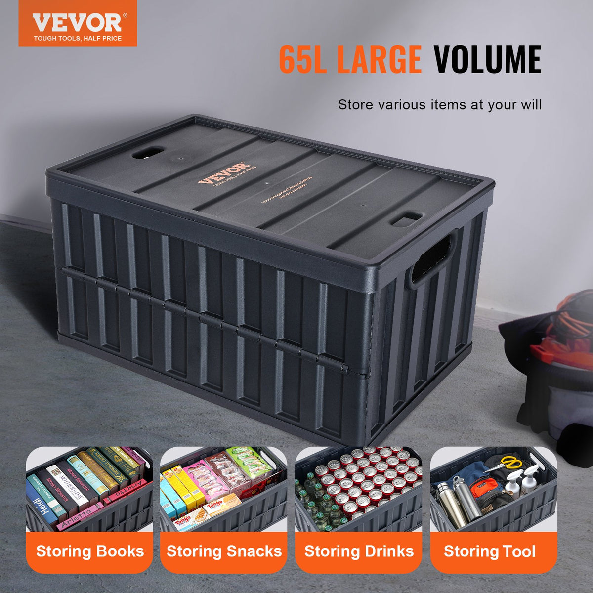 VEVOR Collapsible Storage Bins with Lids, 65L 3 Packs, Folding Plastic Stackable Utility Crates with Handles, Large Heavy Duty Containers for Clothes, Toys, Books, Snack, Shoes, and Grocery Organizing