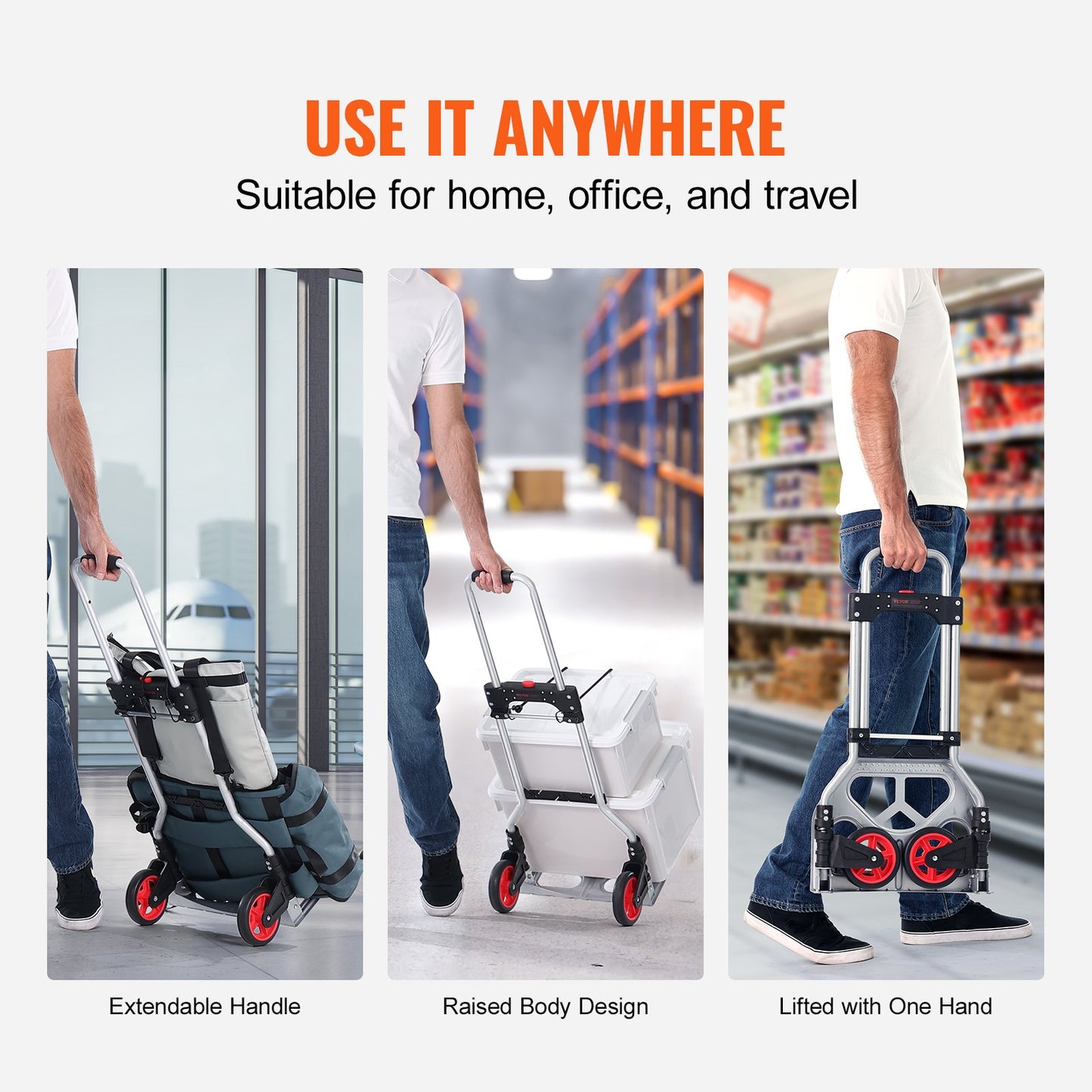 Folding Hand Truck, 80 kg Load Capacity, Aluminum Portable Cart, Convertible Hand Truck and Dolly with Telescoping Handle and Rubber Wheels, Ultra Lightweight Super Strong for Moving Warehouse